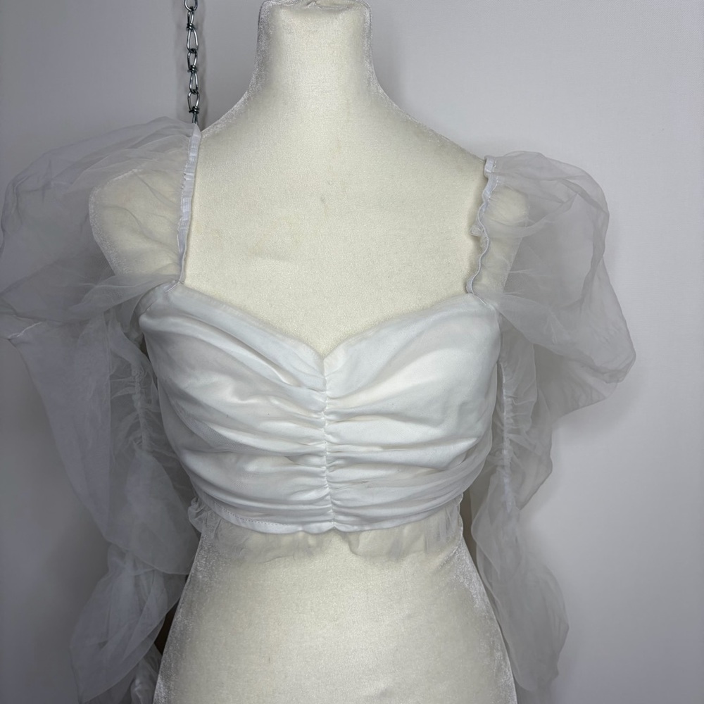 Sugar Thrillz White Sheer Ruching Crop Top